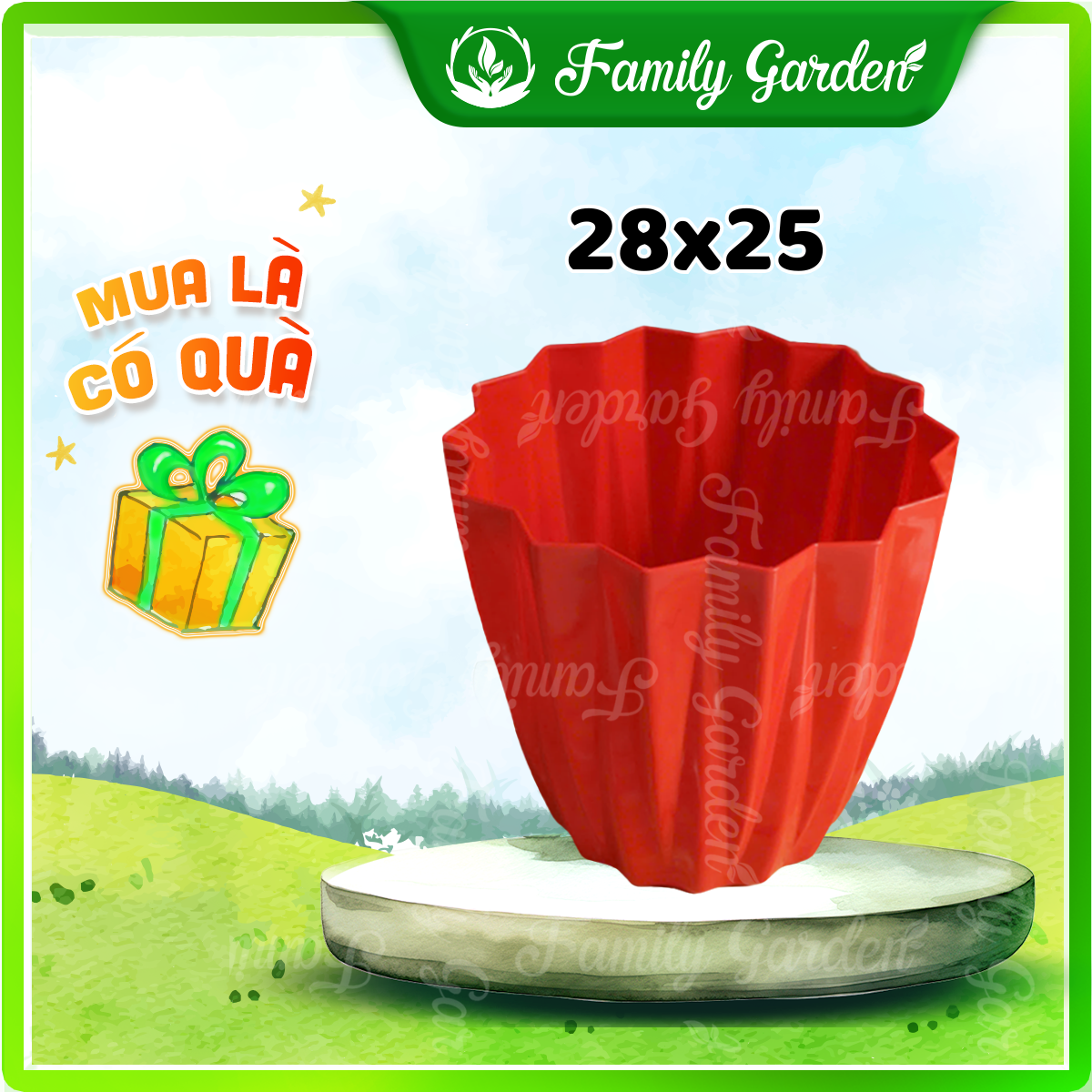 Chậu nhựa kim cương Thakico - Đỏ - Size 28x25cm | Độc quyền Family Garden