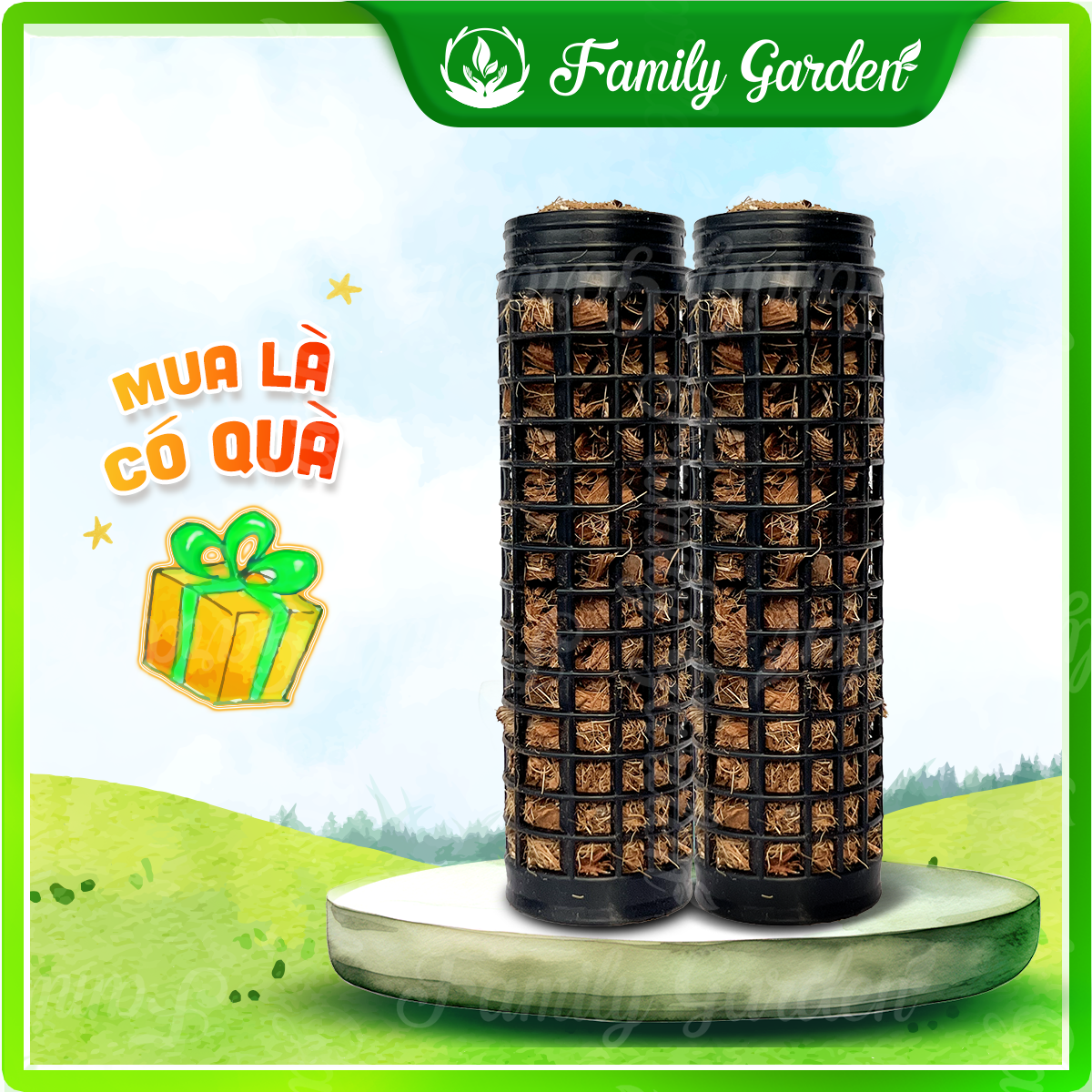 Combo 2 Trụ nhựa giá thể xơ dừa trồng kiểng lá, cây leo D20xR5cm - Đen | Độc quyền Family Garden