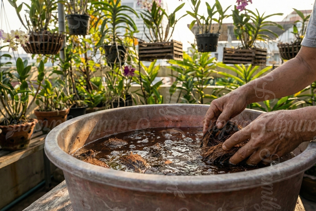 Xử lý xơ mụn dừa bằng cách ngâm nước để loại bỏ chất chát