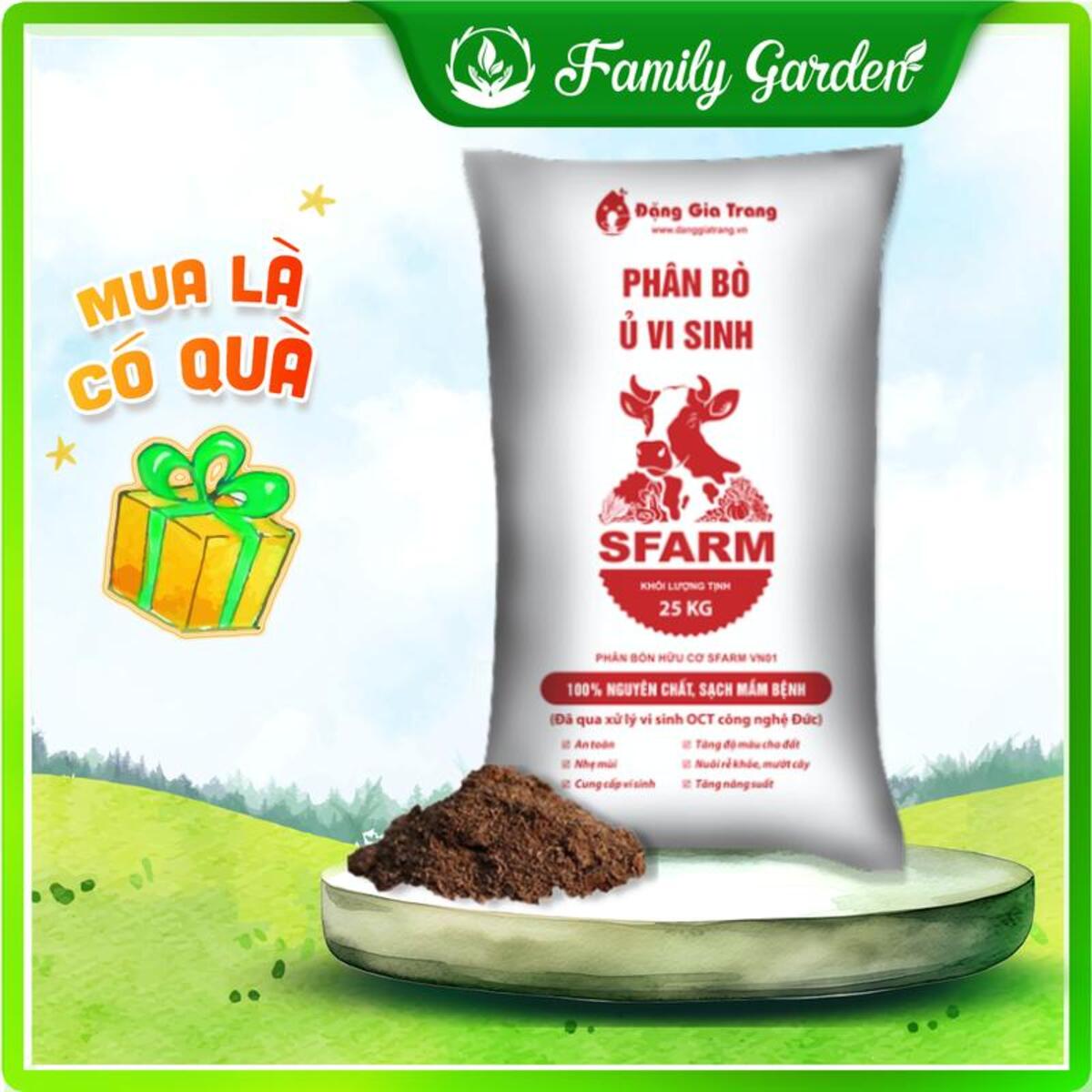 Bao 25kg phân bò ủ hoai vi sinh SFARM - Độc quyền Family Garden
